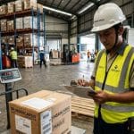 Menghitung ongkir cargo darat menggunakan timbangan industri.
