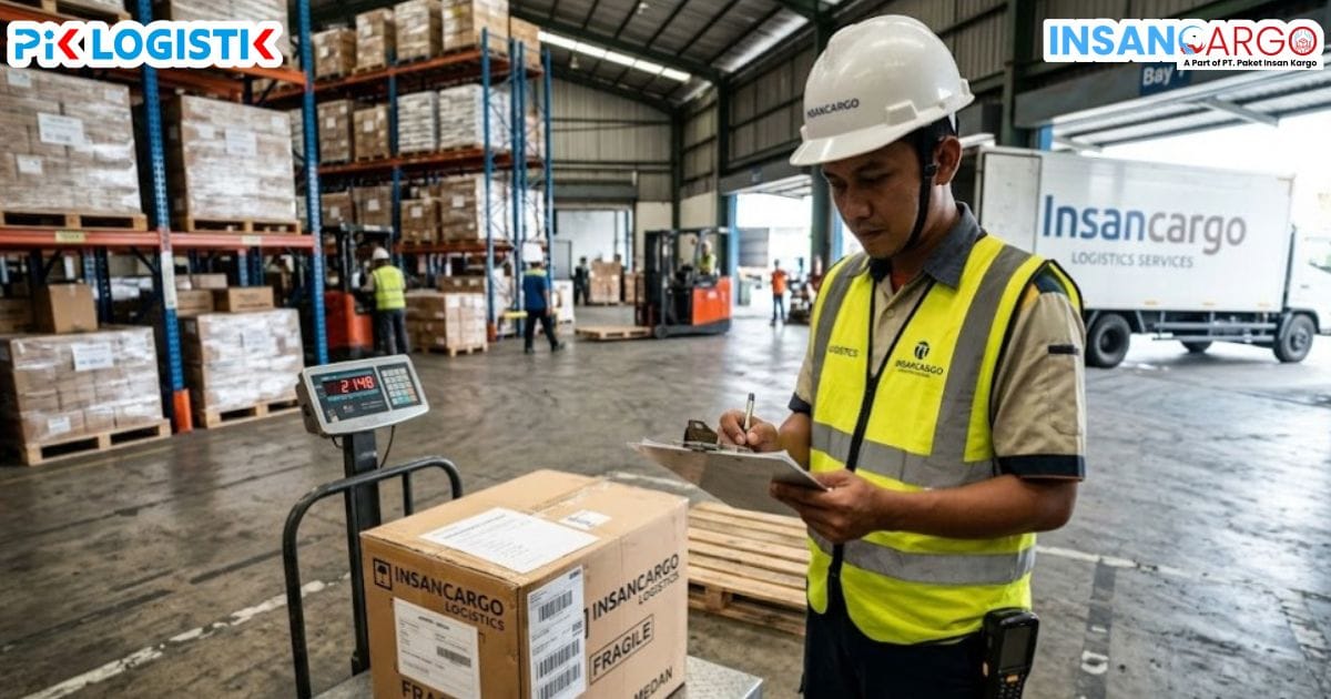 Menghitung ongkir cargo darat menggunakan timbangan industri.