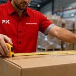 Petugas ekspedisi mengukur dimensi kardus untuk menentukan perhitungan berat volume cargo udara.
