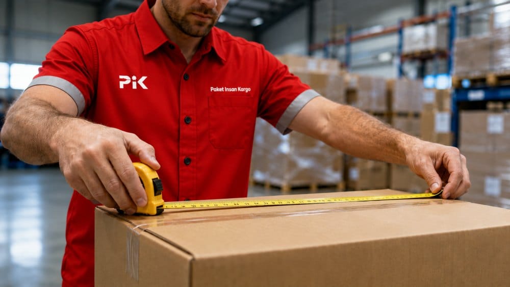 Petugas ekspedisi mengukur dimensi kardus untuk menentukan perhitungan berat volume cargo udara.