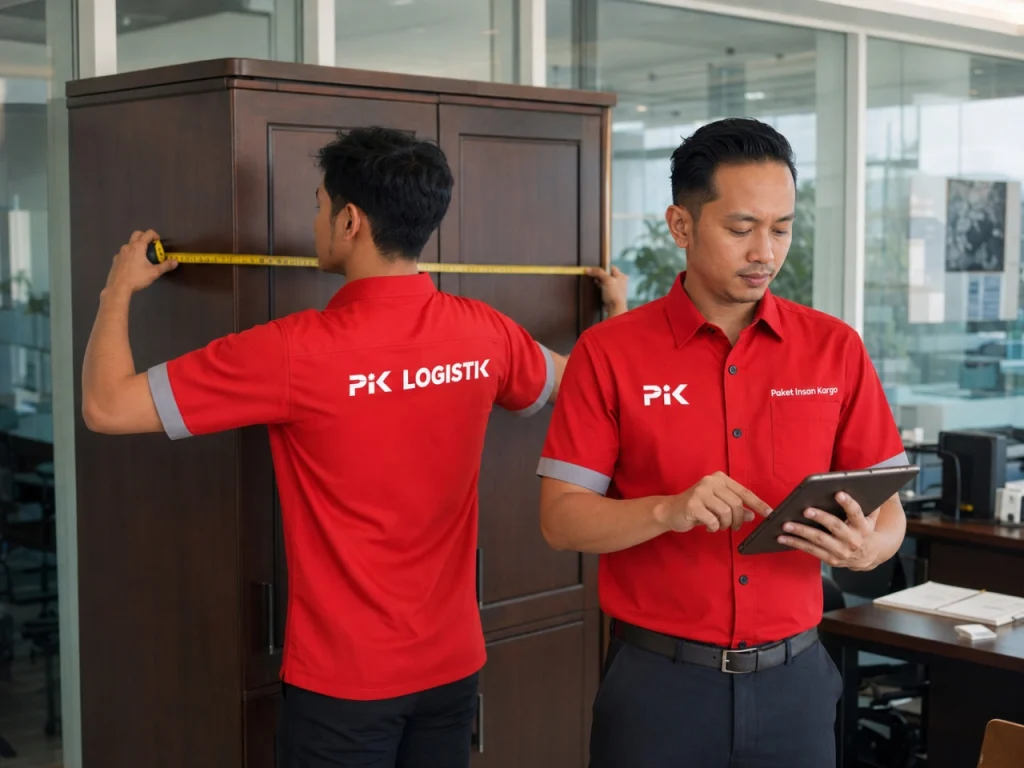 Staf Insan Cargo mengukur volume barang untuk menghitung ongkir
