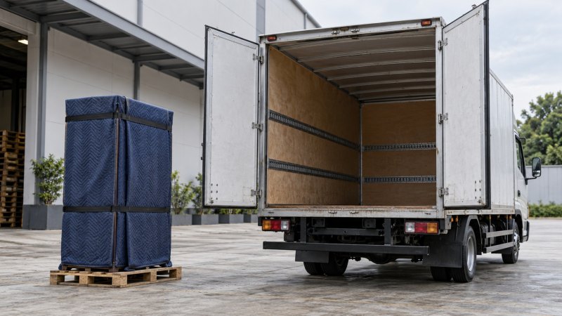 Barang terbungkus di samping ruang muat truk box sebagai pertimbangan memilih armada pengiriman.