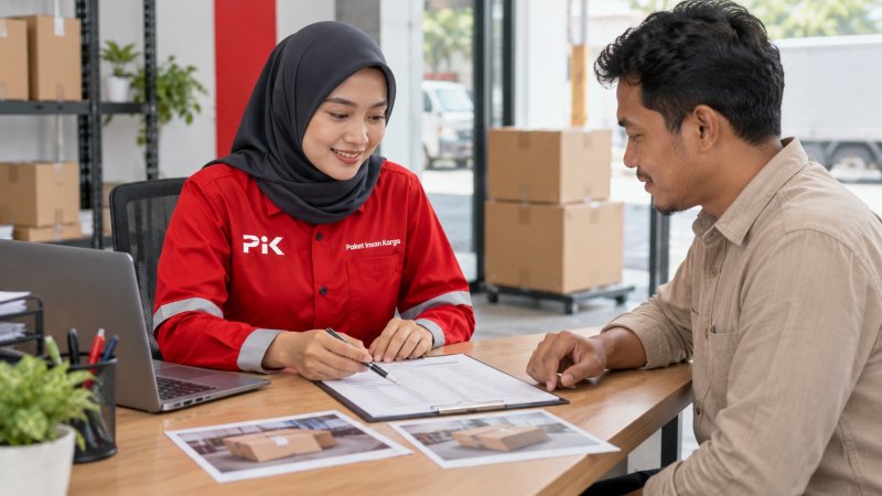 Petugas PiK berhijab dan pelanggan membahas daftar barang untuk konsultasi pengiriman barang via kapal PELNI.