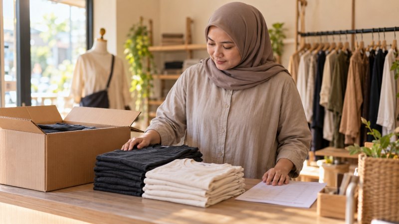 Perempuan berhijab memeriksa tumpukan kaus di samping kardus terbuka dan daftar barang di meja toko.