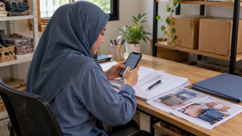Pemilik usaha berhijab menyiapkan pesan di ponsel sambil melihat catatan dan foto barang.