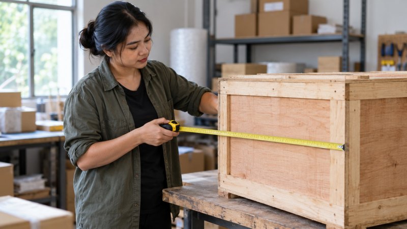 Seorang perempuan menggunakan meteran untuk mengukur peti kayu di ruang pengemasan.