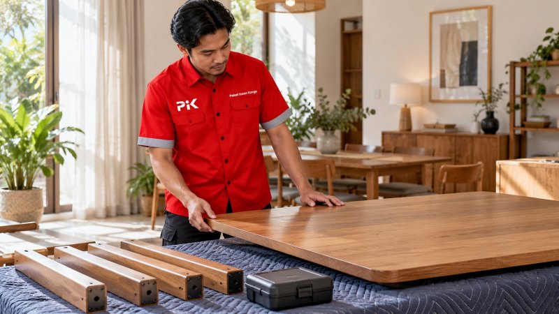 Petugas memeriksa meja dan komponen lepasan sebagai persiapan mengirim furniture ke luar kota.