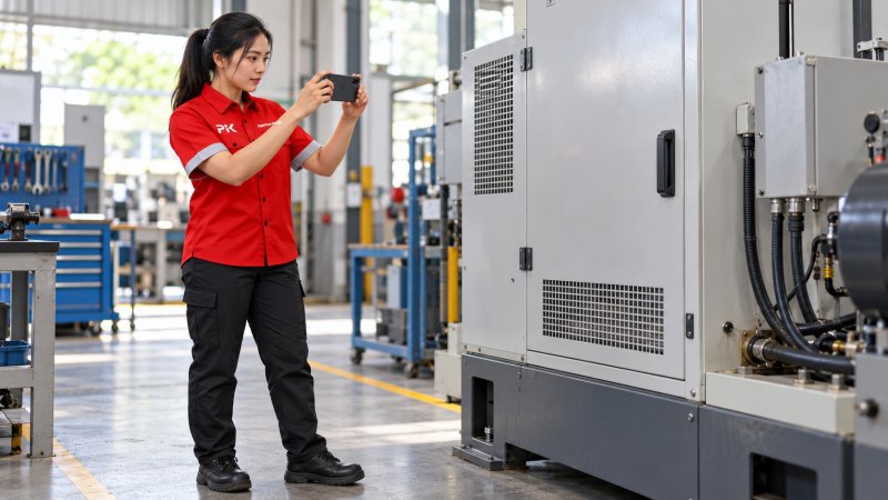 Petugas memotret panel tertutup dan bagian luar mesin sebelum packing.