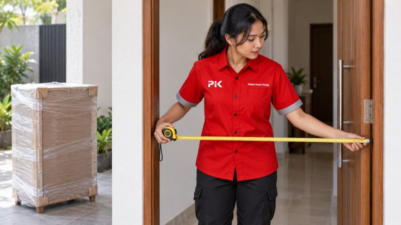 Petugas mengukur lebar pintu dengan furniture terkemas di samping jalur angkut.