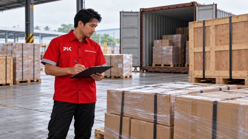 Petugas meninjau kelompok kemasan di dekat container untuk pembahasan pilihan LCL atau FCL.