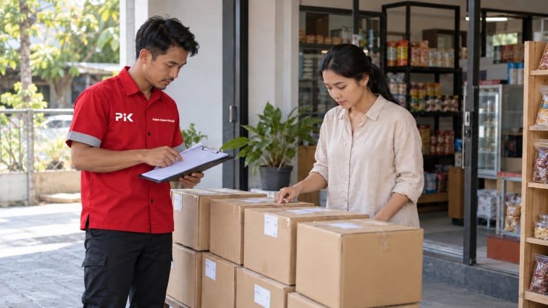 Petugas dan penerima memeriksa kardus serta daftar saat serah terima.